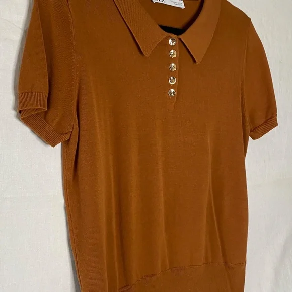 Zara Button Up Women's Polo Shirt Knit Size Medium Brown - Picture 2 of 8